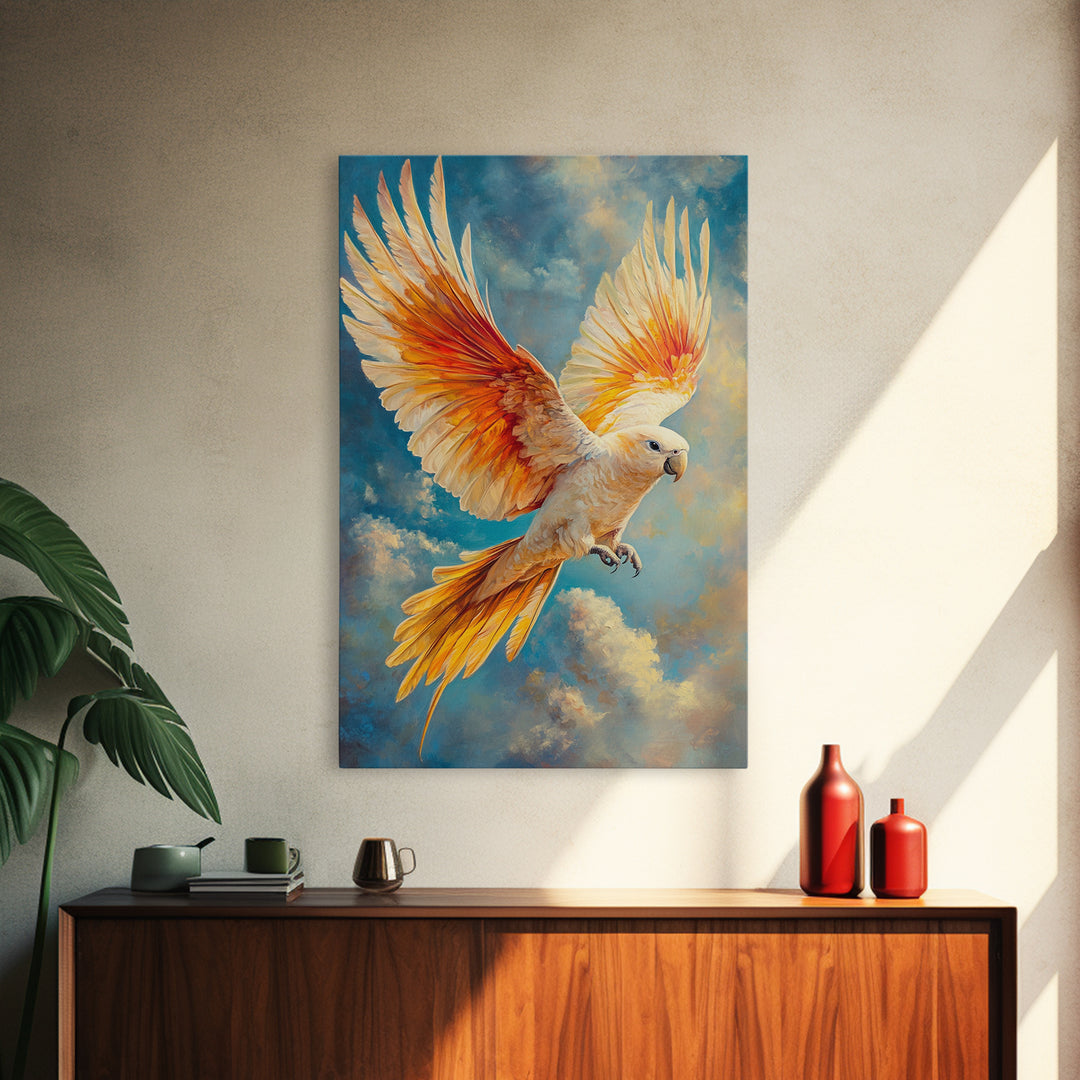 Parrot in Sky Canvas Print | Tropical Bird Art Original Painting | Coastal Cowgirl Wall Art | Vibrant Nautical Decor Living Room Print
