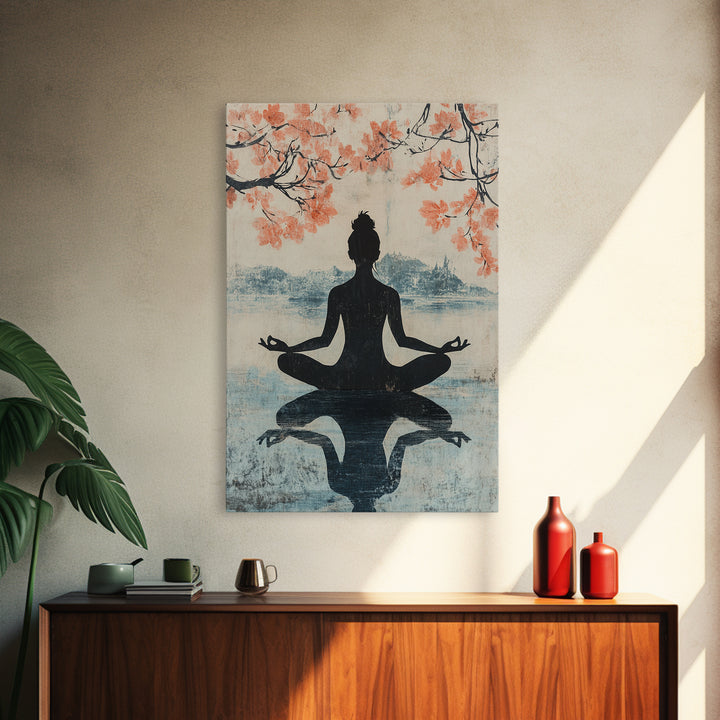 Cherry Blossom Canvas Print Featuring Zen Silhouette, Oriental Inspired Wabi Sabi Art, Minimalist Yoga Wall Art for Tranquility