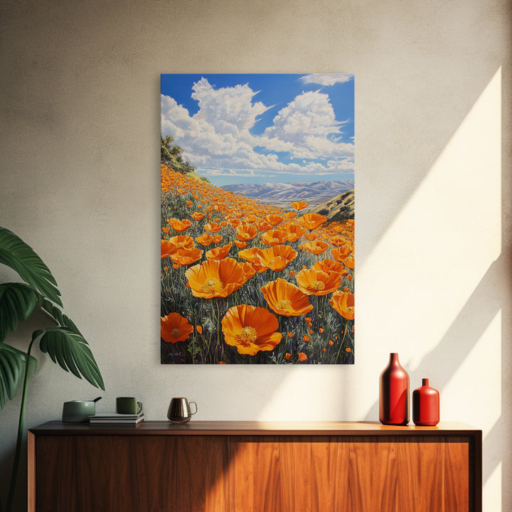 California Poppy Canvas Print with Vibrant Wildflower Painting, Rustic Living Room Art, Nature Landscape for Farmhouse Wall Decor
