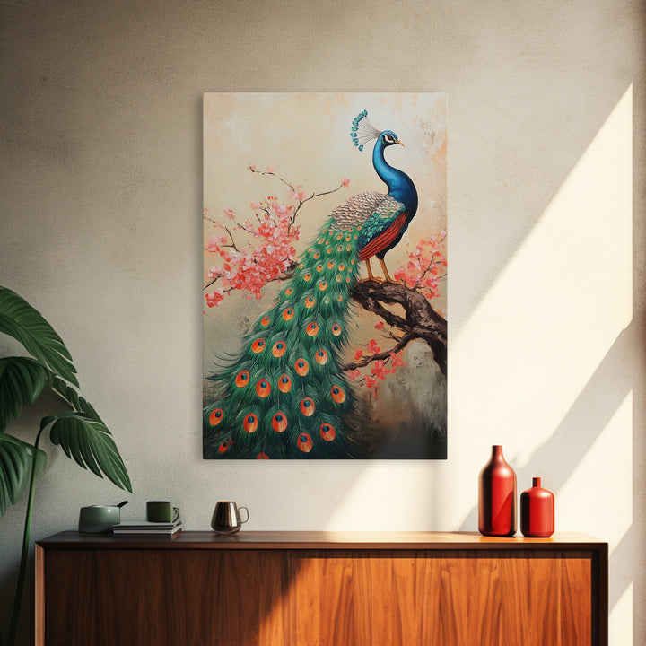 Peacock Canvas Print with Cherry Blossom Painting, Vibrant Oriental Art, Rustic Chinoiserie Wall Decor, Bold Statement Piece for Living Room