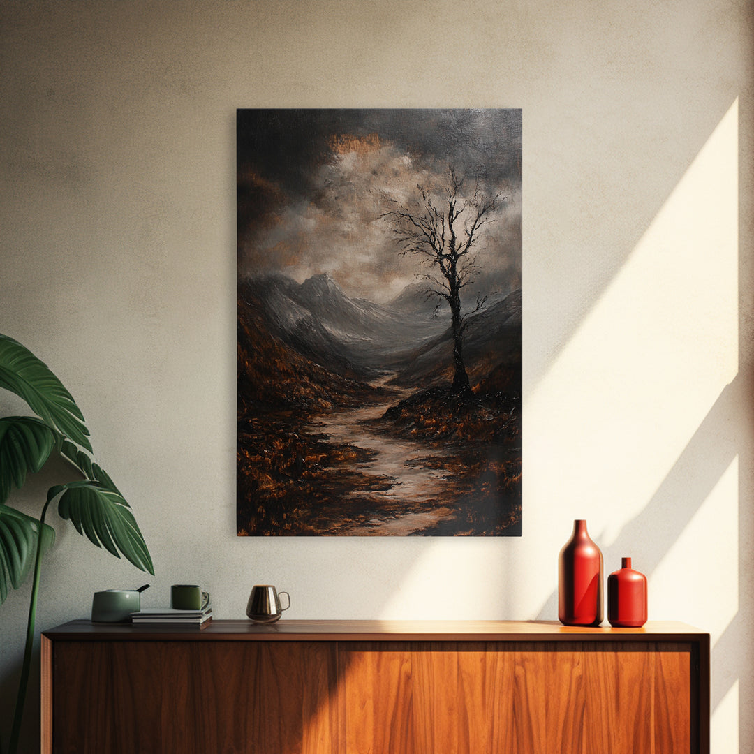 Mountain Painting Framed Canvas Print with Mystical Sunrise Over Autumn Forest Path, Rustic Landscape Art with Moody Coastal Vibes