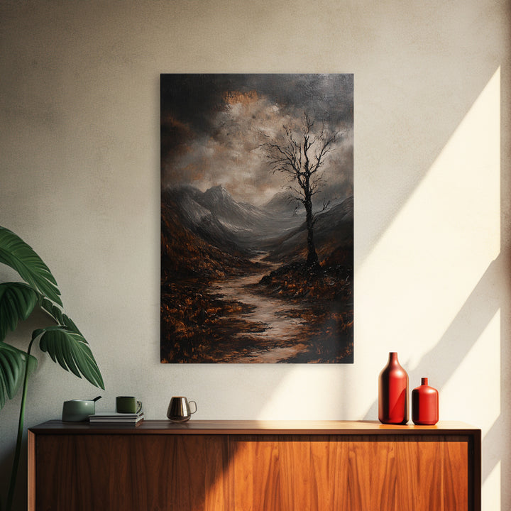 Mountain Painting Framed Canvas Print with Mystical Sunrise Over Autumn Forest Path, Rustic Landscape Art with Moody Coastal Vibes
