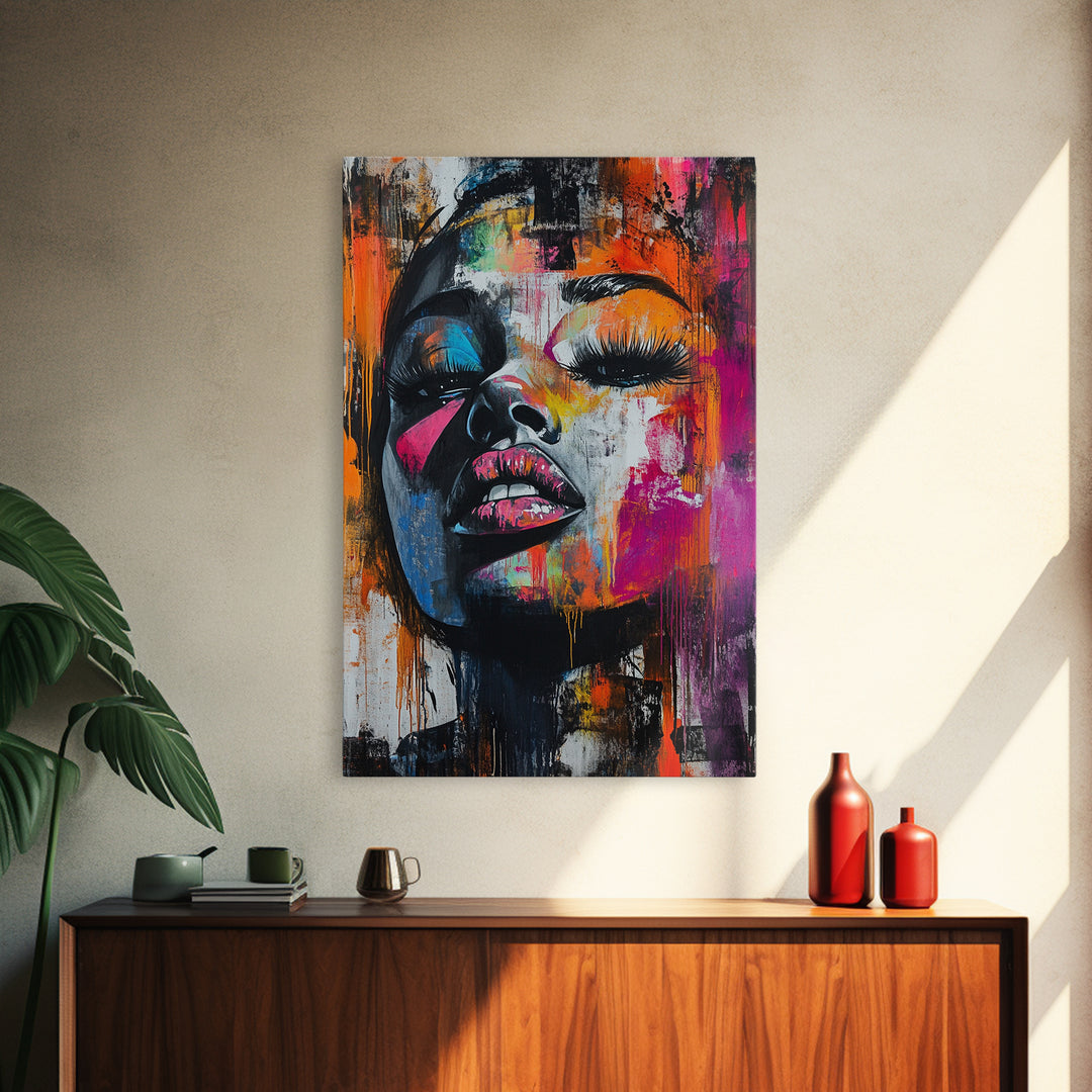 Vibrant Abstract Face Framed Canvas Print, Moody Woman Wall Art, Boho Living Room Decor, Gift Idea for Her, Unique Rustic Art