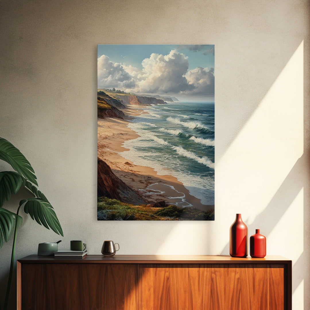 Coastal Seascape Framed Canvas Print Ocean Landscape Painting Cliffside Waves Art Nautical Coastal Decor Above Sofa Rustic Living Room Art