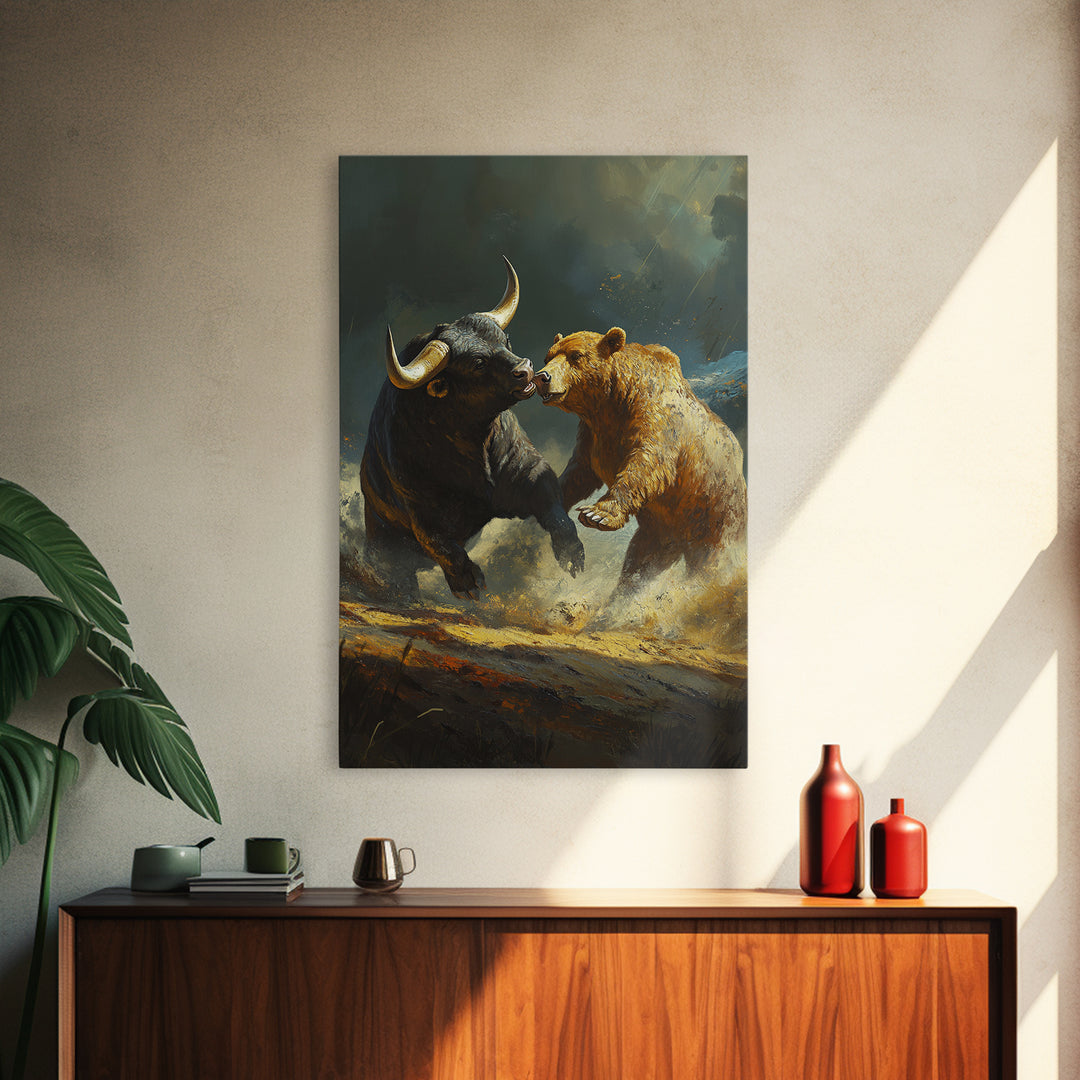 Bull and Bear Clash Framed Canvas Print Rustic Wall Art Gift Idea Financial Decor Wild Animals Artwork Moody Wall Art Rustic Living Room Decor