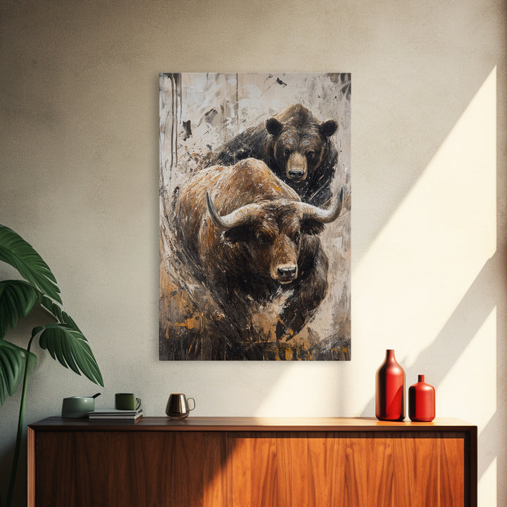 Bull and Bear Dynamic Framed Canvas Print Rustic Wall Art Financial Market Theme Gift Idea Living Room Decor Unique Animal Artwork Rustic Art