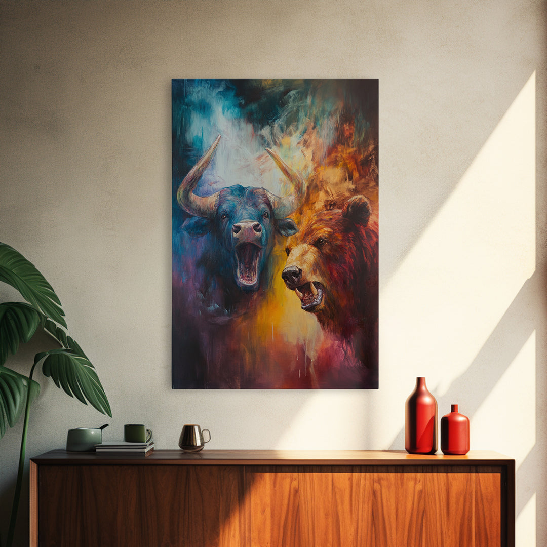 Bull and Bear Duel Framed Canvas Print Vibrant Moody Art Rustic Wall Art Unique Gift Idea Living Room Decor Animal Art Financial Market Theme
