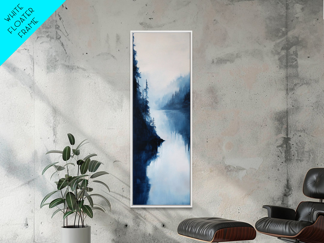 Misty Lake, pine tree art, moody art, mountain painting, wabi sabi art, blue and green wall art, Framed Canvas Print, rustic wall art