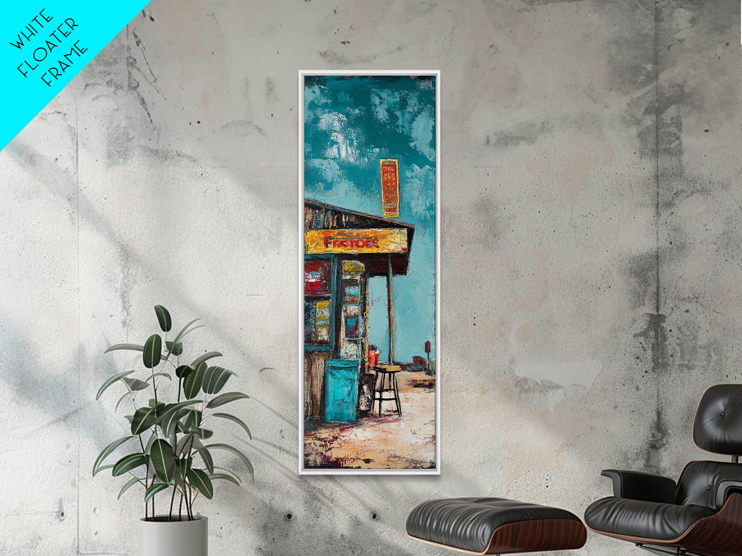 Rustic Gas Station, chicano art, guest check wall art, graffiti wall art, vintage folk art, Framed Canvas Print, tall skinny art