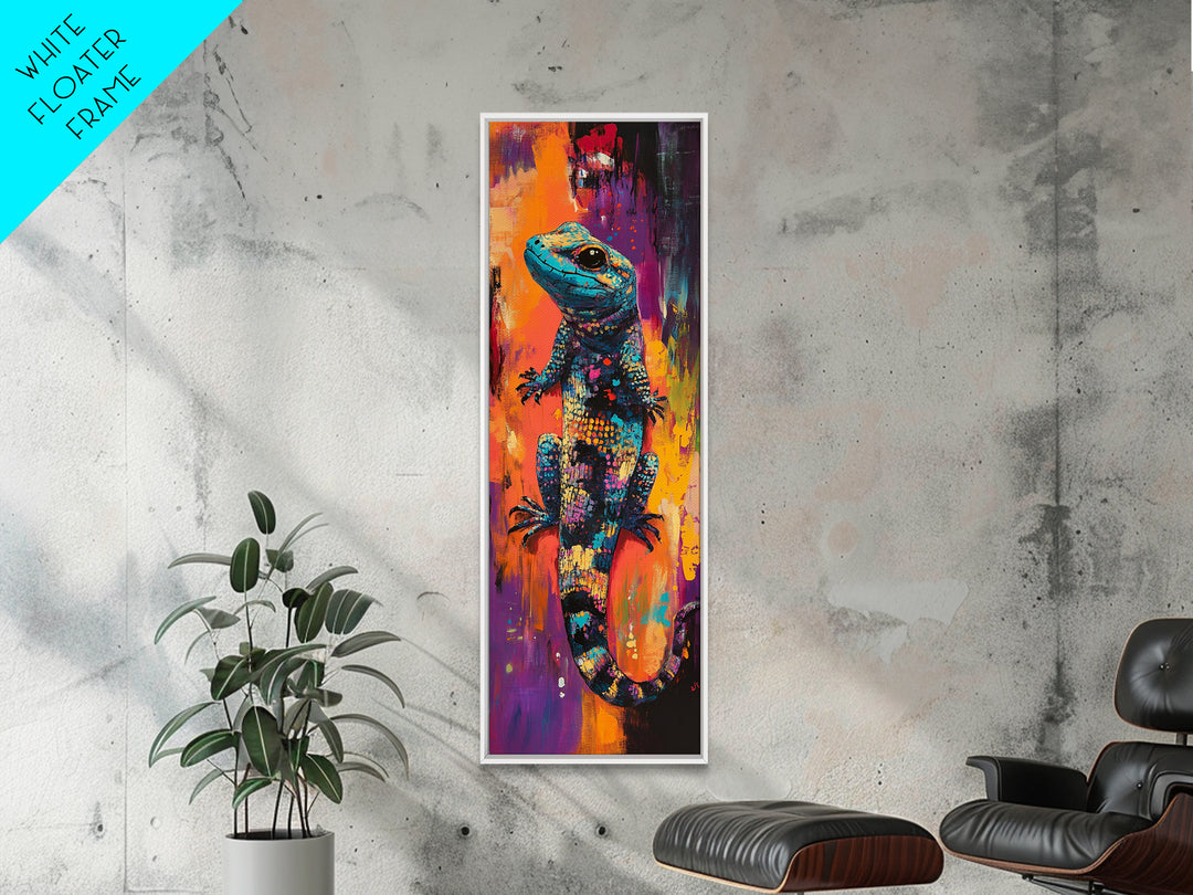 Colorful Lizard, whimsical art, chicano art, boho art, blotter art, psychedelic painting, extra wide art, Framed Canvas Print