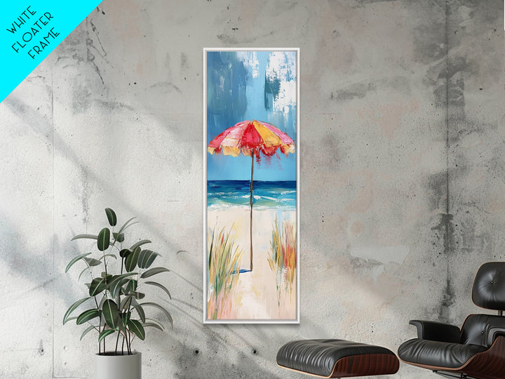 Beach Umbrella, Ocean Breeze, Coastal Decor, Surf Wall Art, Nautical Painting, Coastal Wall Art, Framed Canvas Print, Tall Skinny Art