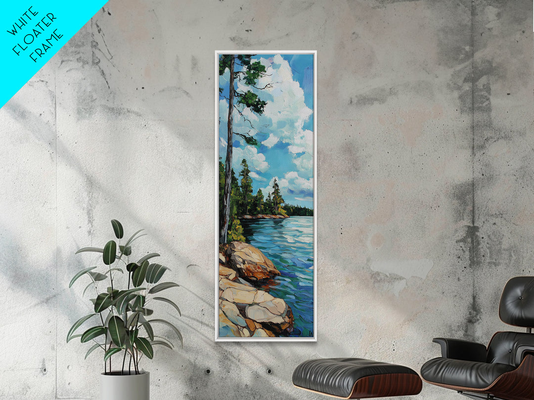 Rocky Shore, Pine Tree Art, Coastal Landscape, Nautical Painting, Blue and Green Wall Art, Framed Canvas Print,