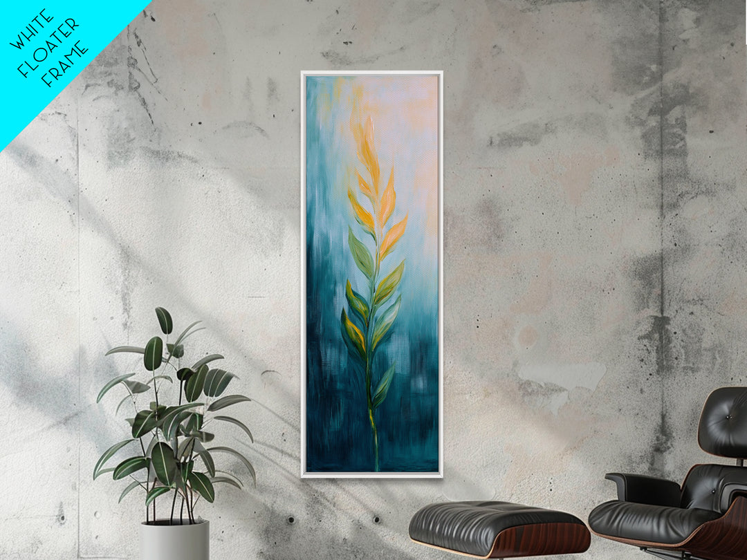 Botanical, teal and gold, minimalist art, wabi sabi art, vertical wall art, framed canvas print, modern decor, bedroom art