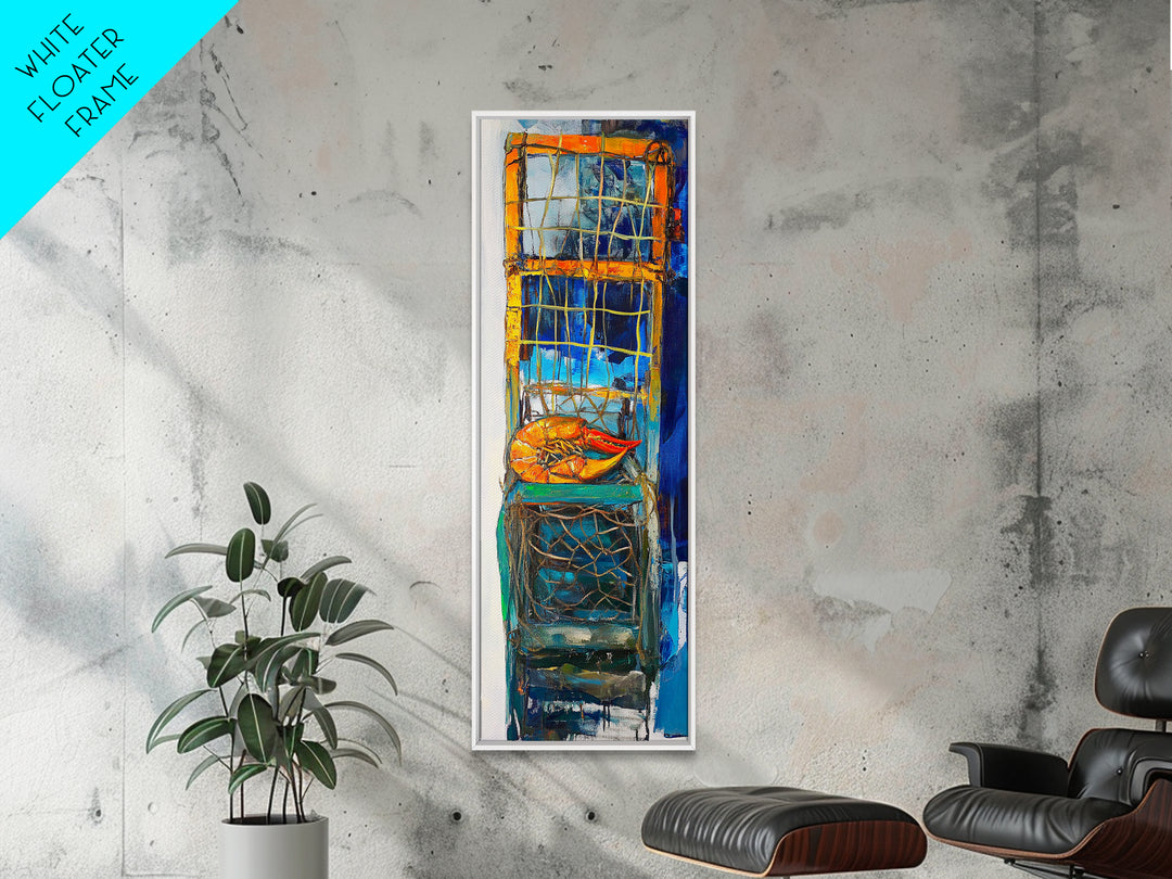 Crayfish painting, nautical wall art, rustic art, kitchen decor, fisherman painting, blue and orange, framed canvas print, gift idea