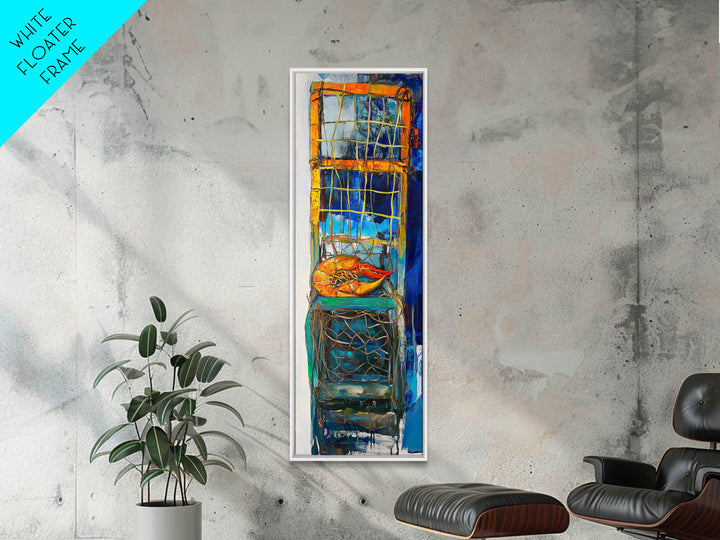 Crayfish painting, nautical wall art, rustic art, kitchen decor, fisherman painting, blue and orange, framed canvas print, gift idea