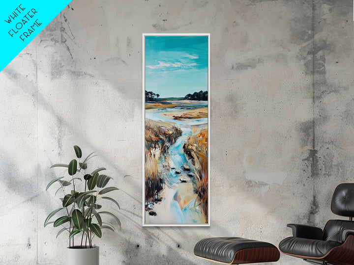 Marshland Stream, coastal landscape art, rustic wall art, farmhouse art, wabi sabi art, extra wide art, Canvas Print