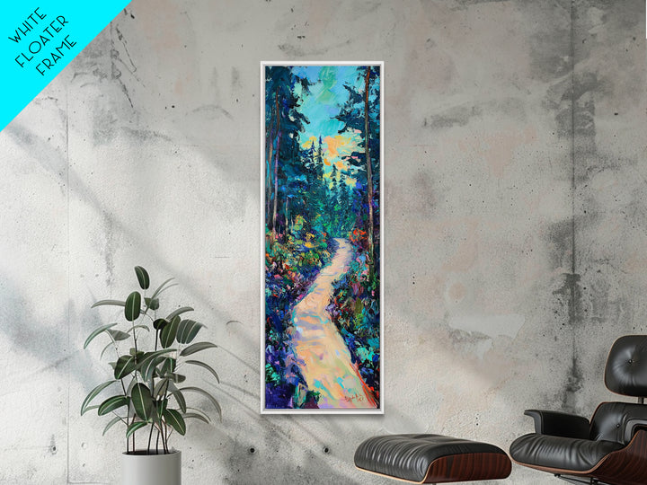 Abstract Forest Path, moody art, landscape painting, wildflower painting, pine tree art, framed canvas print, vertical wall art