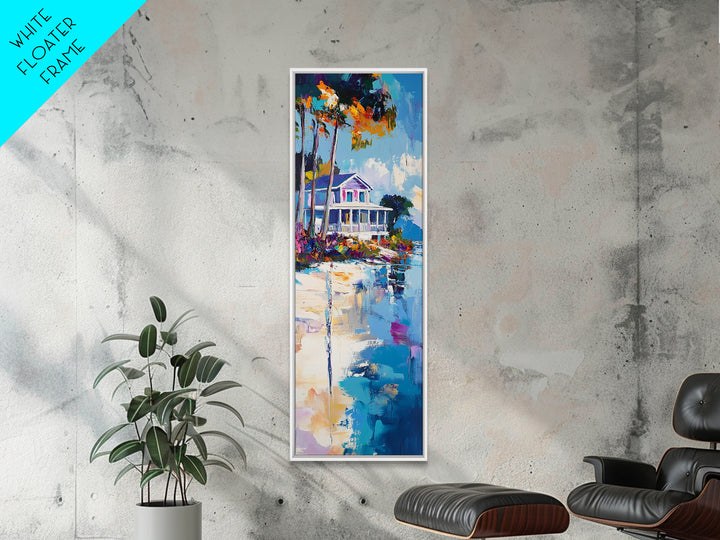 Beach House, Coastal Painting, Vibrant Landscape, Nautical Wall Art, Living Room Art, Above Bed Wall Art, Framed Canvas Print