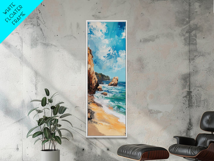 Coastal Beach, Ocean Waves, Rocky Shore, Framed Canvas Print, coastal decor, nautical wall art, seascape painting, rustic art
