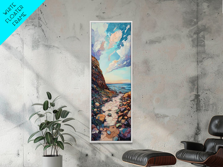 Rocky Coastline, Ocean Waves, Beach Path, Framed Canvas Print, coastal landscape art, farmhouse art, rustic décor