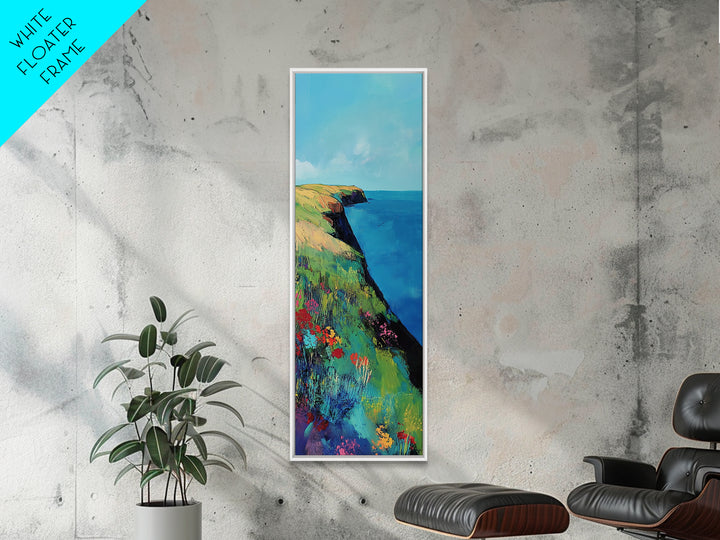Coastal cliffs, Ireland painting, wildflower painting, landscape painting, framed canvas print, extra wide art
