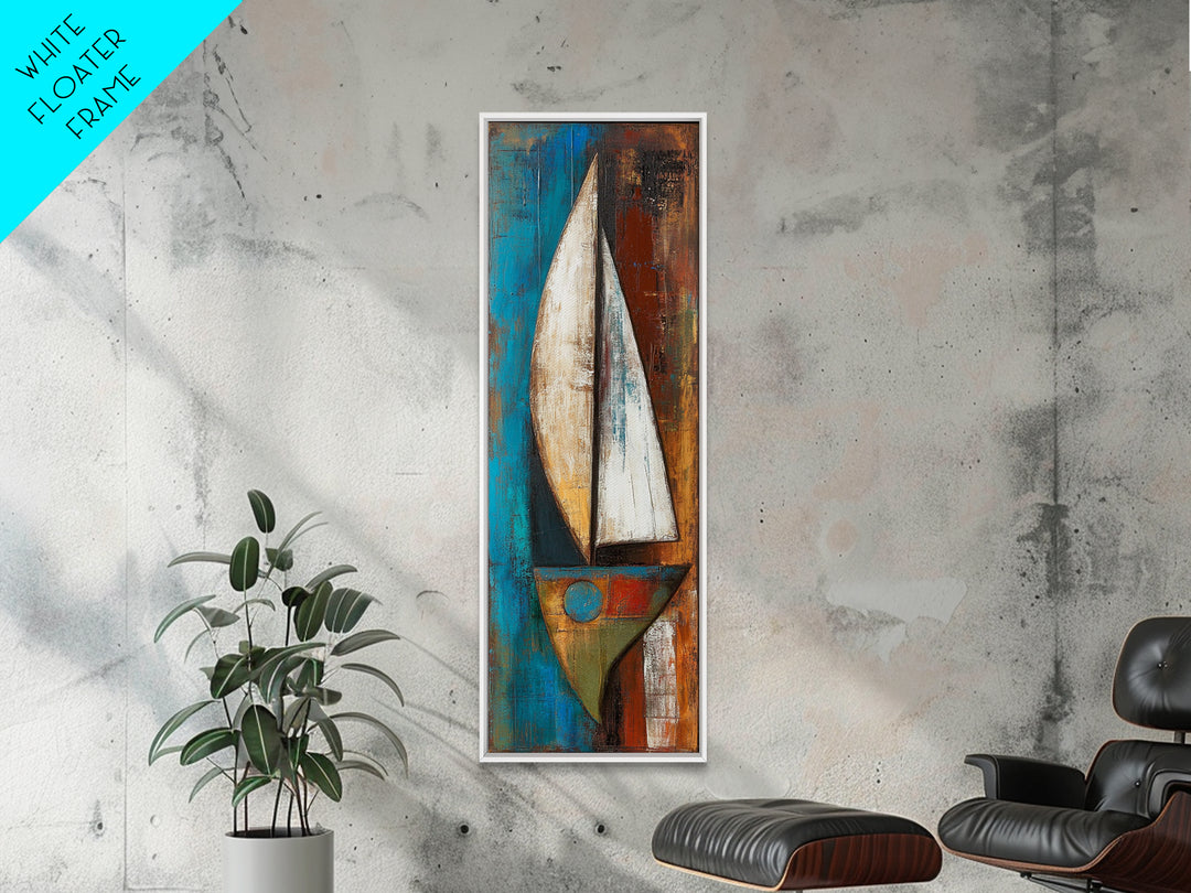 Abstract sailboat, nautical painting, long narrow wall art, framed canvas print, rustic art, extra wide art, blue and green wall art