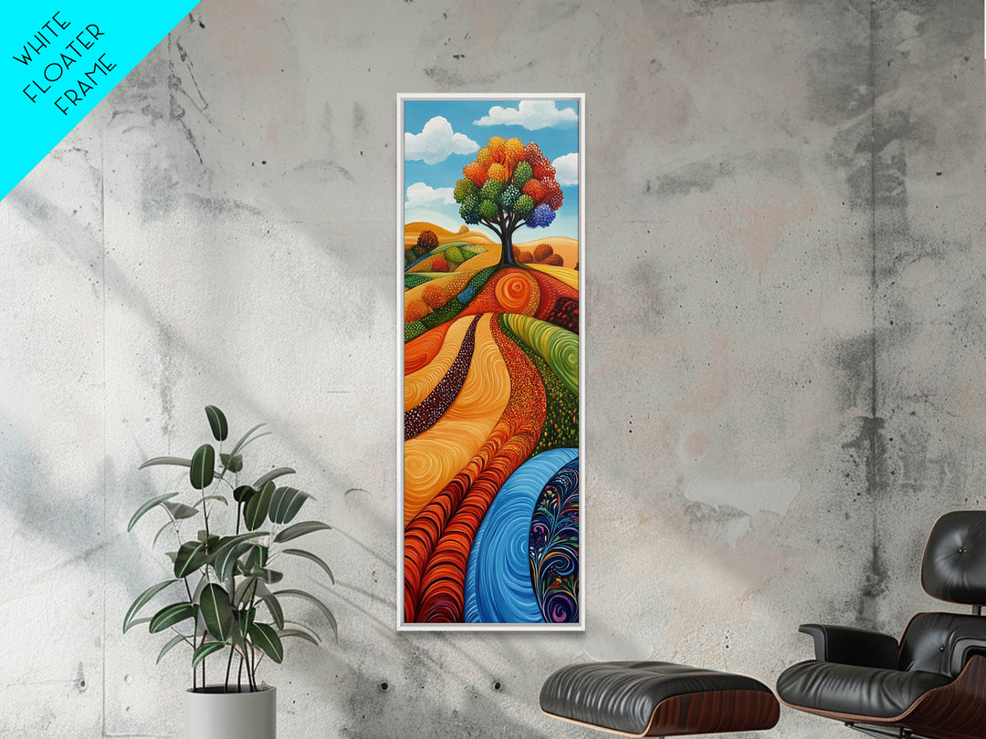 Colorful Fields, folk art, Russian folk art, pink orange wall art, bright and bold, framed canvas print, extra wide art