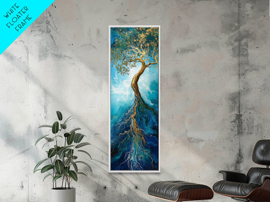 Rooted Tree, oak tree art, blue and green wall art, sacred geometry wall art, mystical art, framed canvas print, vertical wall art