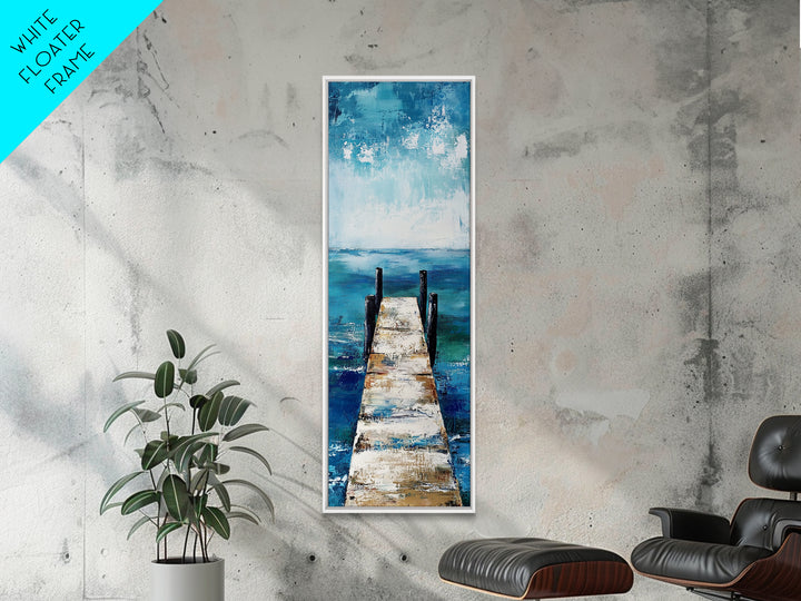 Dock on Water, Coastal Landscape Art, Nautical Wall Art, Seascape Painting, Rustic Decor, Tall Narrow Art, Canvas Print