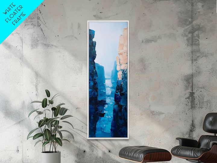 Canyon River View, landscape painting, blue and green wall art, nature lover gift, wabi sabi art, framed canvas print, vertical wall art