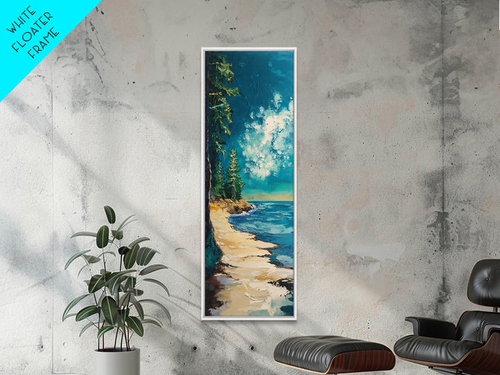 Pine Trees by the Lake, lake Tahoe art, coastal landscape art, pine tree art, nature lover gift, framed canvas print, vertical wall art