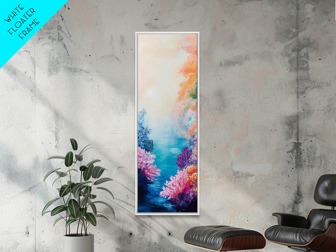 Coral Reef, dolphin painting, blue and green wall art, ocean painting, tropical decor, tall skinny art, coastal decor, canvas print