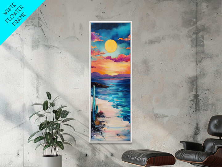Desert Sunset, cactus painting, southwest wall art, coastal landscape art, framed canvas print, panoramic art