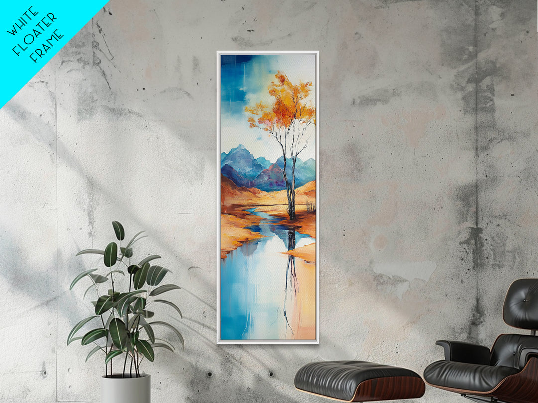 Autumn Reflections, landscape painting, birch tree art, above bed wall art, rustic wall art, framed canvas print, tall narrow art