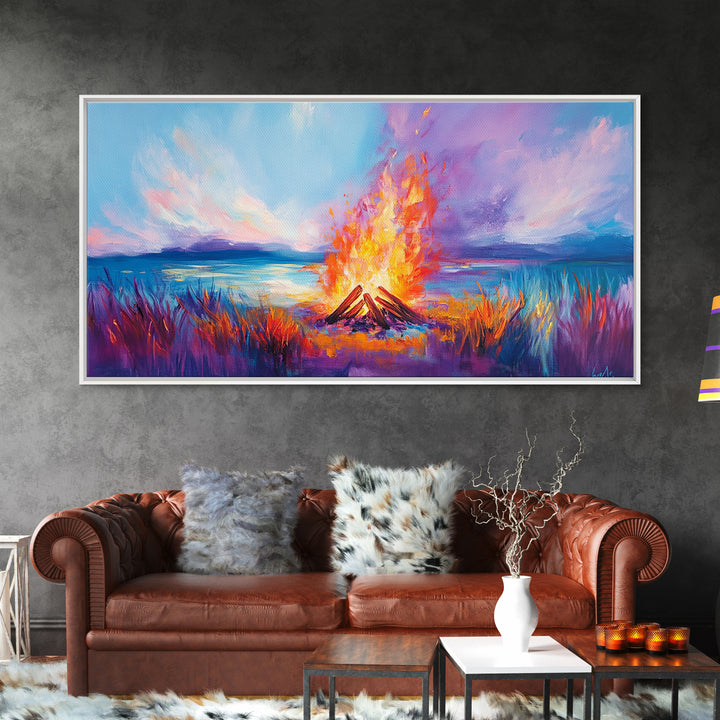 Bonfire at Sunset, Coastal Wall Art, Pink Orange Wall Art, Extra Wide Art, Horizontal Wall Art, Framed Canvas Print, Moody Art