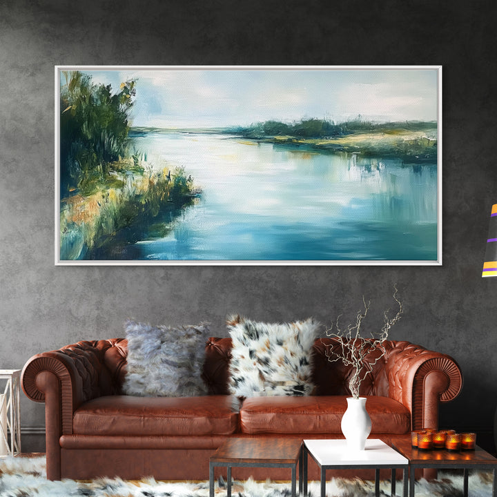River Reflection, landscape painting, rustic wall art, sage green wall art, farmhouse art, coastal art, extra wide art, Canvas Print
