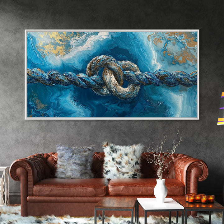 Ocean Rope, nautical decor, blue and gold wall art, coastal painting, seascape painting, horizontal wall art, Framed Canvas Print