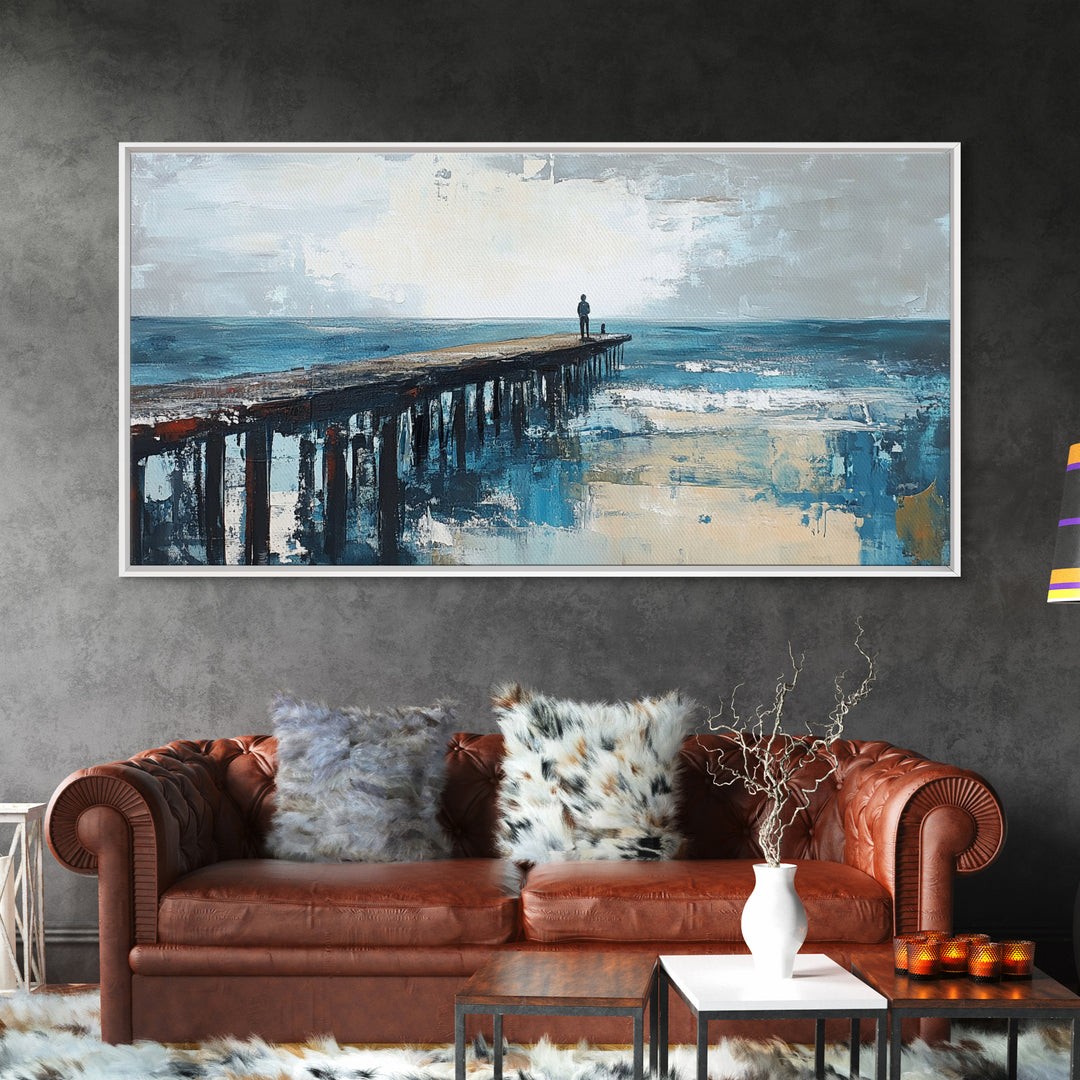 Pier at Dusk, moody art, coastal wall art, ocean painting, nautical painting, wabi sabi art, panoramic art, Canvas Print, seascape