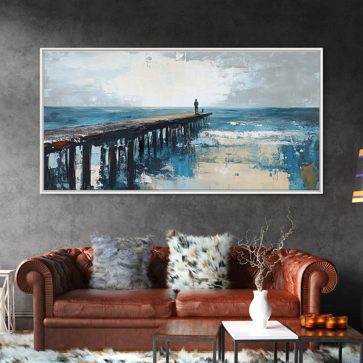 Pier at Dusk, moody art, coastal wall art, ocean painting, nautical painting, wabi sabi art, panoramic art, Canvas Print, seascape