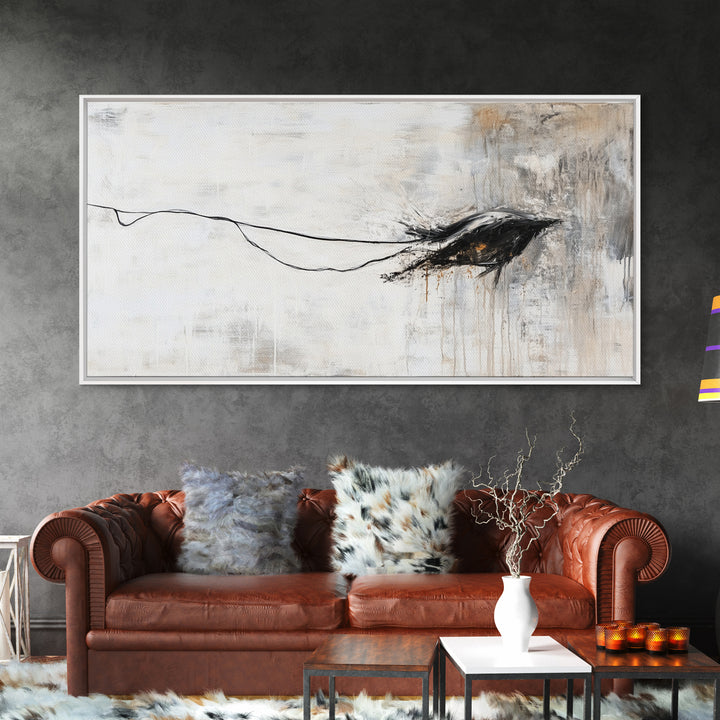 Abstract Crow, dark romance painting, gothic decor, minimalist art, moody art, black and white wall art, Canvas Print, wabi sabi art