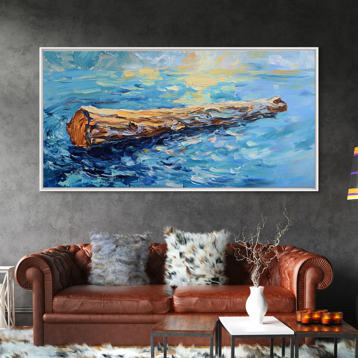 Drifting Log, rustic art, coastal painting, seascape painting, panoramic art, landscape painting, Framed Canvas Print,
