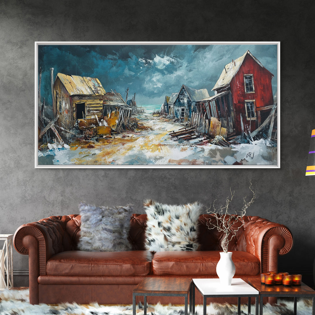 Abandoned Town Art, Rustic Decor, Moody Art, Western Landscape Art, Framed Canvas Print, Extra Wide Art, Farmhouse Art