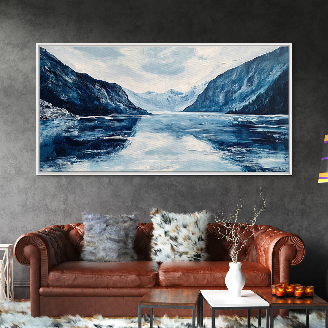 Blue and White Fjord, Lake Tahoe Art, Coastal Landscape Art, Extra Wide Art, Framed Canvas Print, Minimalist Art, Nautical Decor