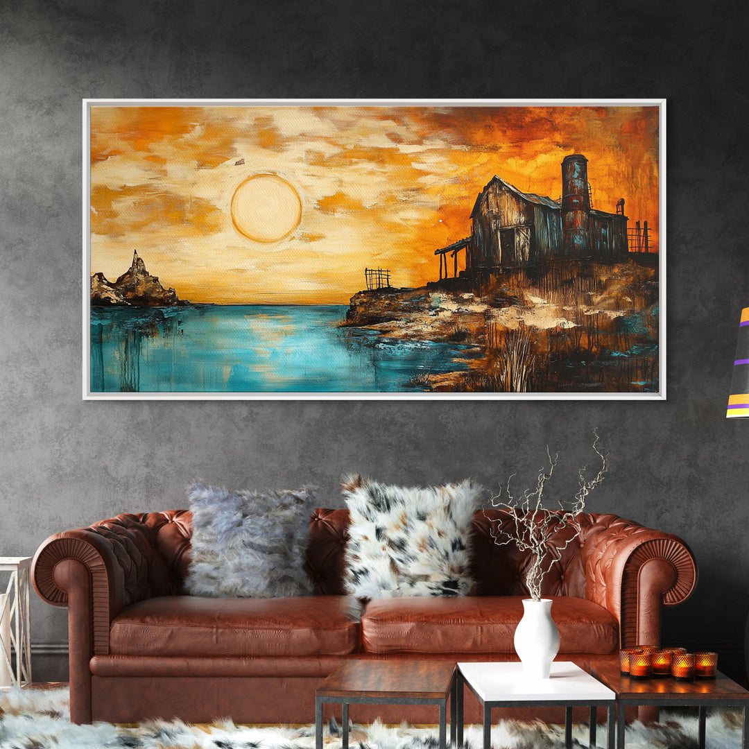 Rustic Barn, sunset painting, farmhouse art, rustic wall art, panoramic painting, framed canvas print, southwest wall art