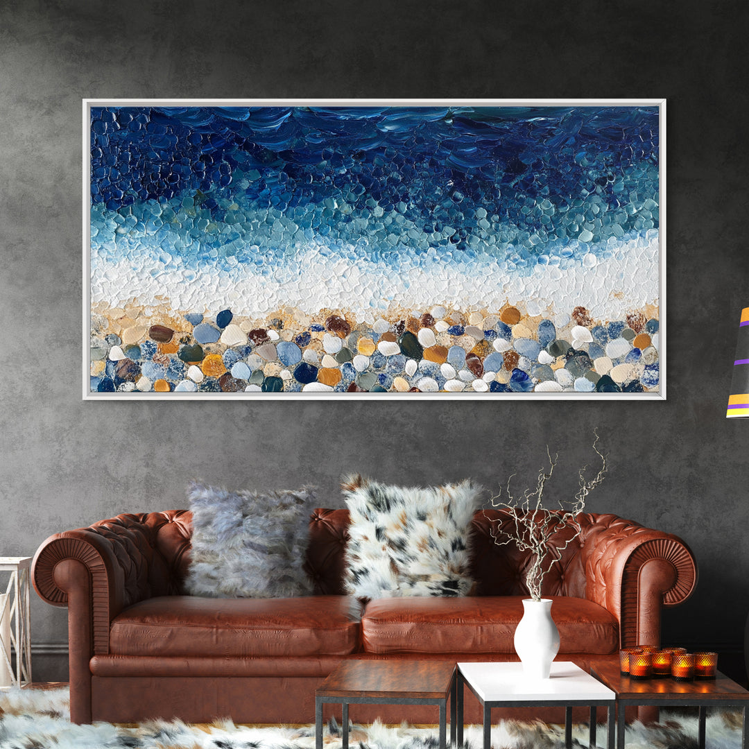 Pebble Beach, mosaic wall art, coastal decor, ocean painting, nautical decor, panoramic painting, framed canvas print