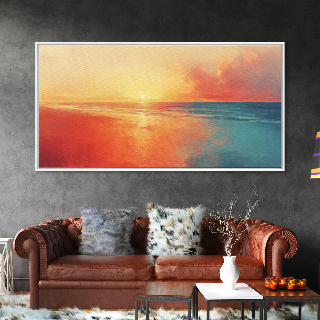 Sunset Ocean, pink orange wall art, coastal landscape art, moody art, extra wide art, panoramic painting, framed canvas print