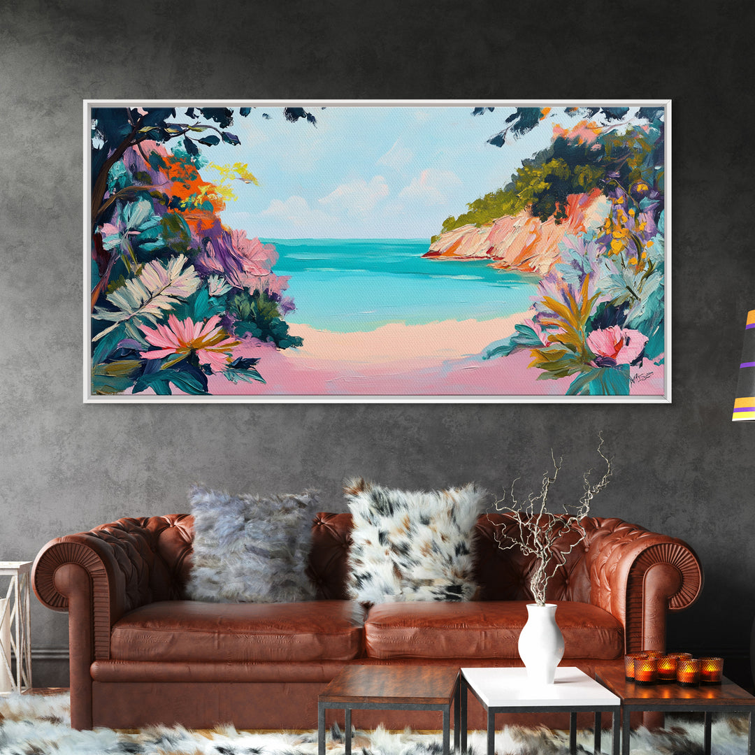 Tropical Beach, coastal wall art, Hawaii art, pink orange wall art, extra wide art, panoramic painting, framed canvas print