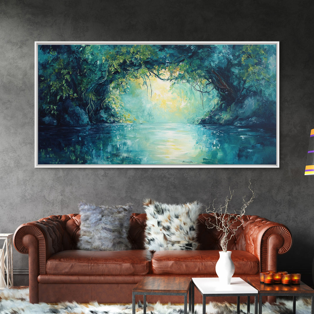 Mystical River, Framed Canvas Print, landscape painting, moody art, forest at dusk painting, teal wall art, extra wide art