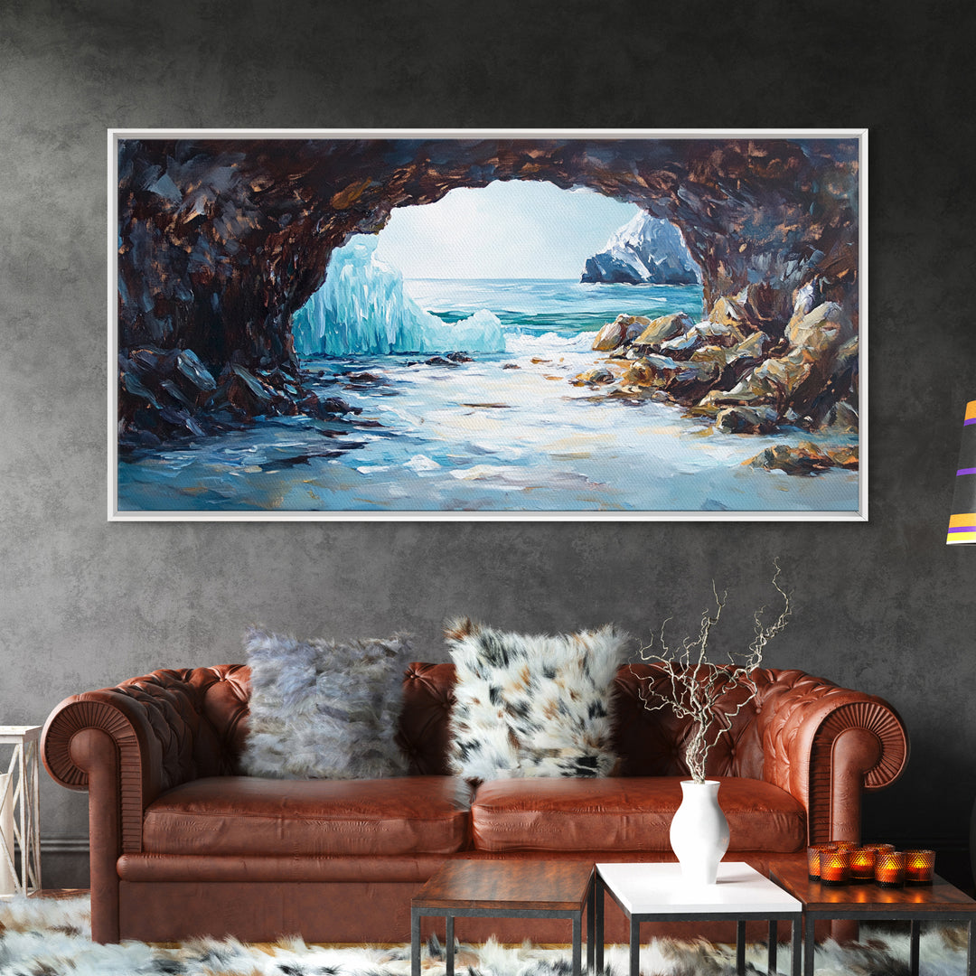 Coastal Ice Cave, Canvas Print, seascape painting, nautical decor, blue and green wall art, landscape painting, extra wide art