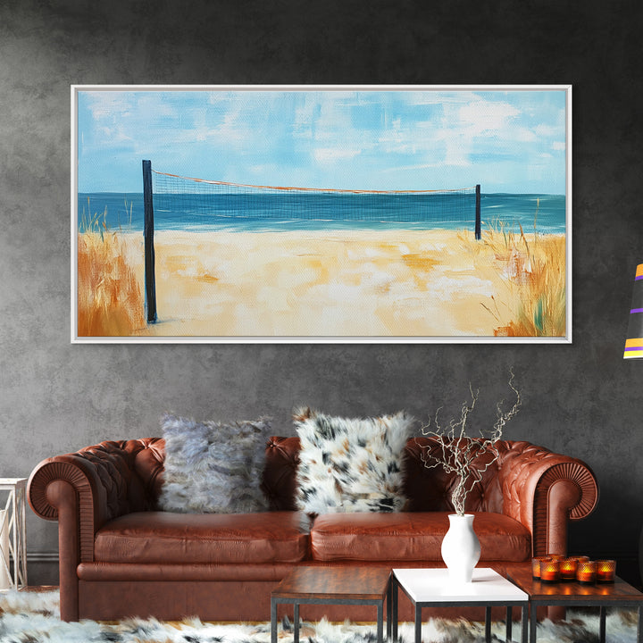 Beach Volleyball, Coastal Wall Art, Nautical Decor, Seascape Painting, Ocean Painting, Framed Canvas Print, Extra Wide Art, Boho Art